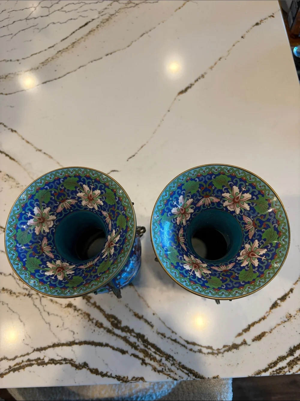 Blue Cloisonné Floral Decorative Vase Pair. Made out of metal